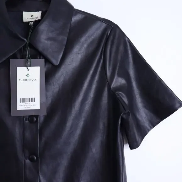 TUCKERNUCK NWT Leather Violetta Shirt Dress Black Short Sleeves Women's M - Picture 5 of 13